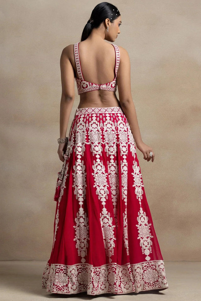 Red Embroidered Georgette Lehenga