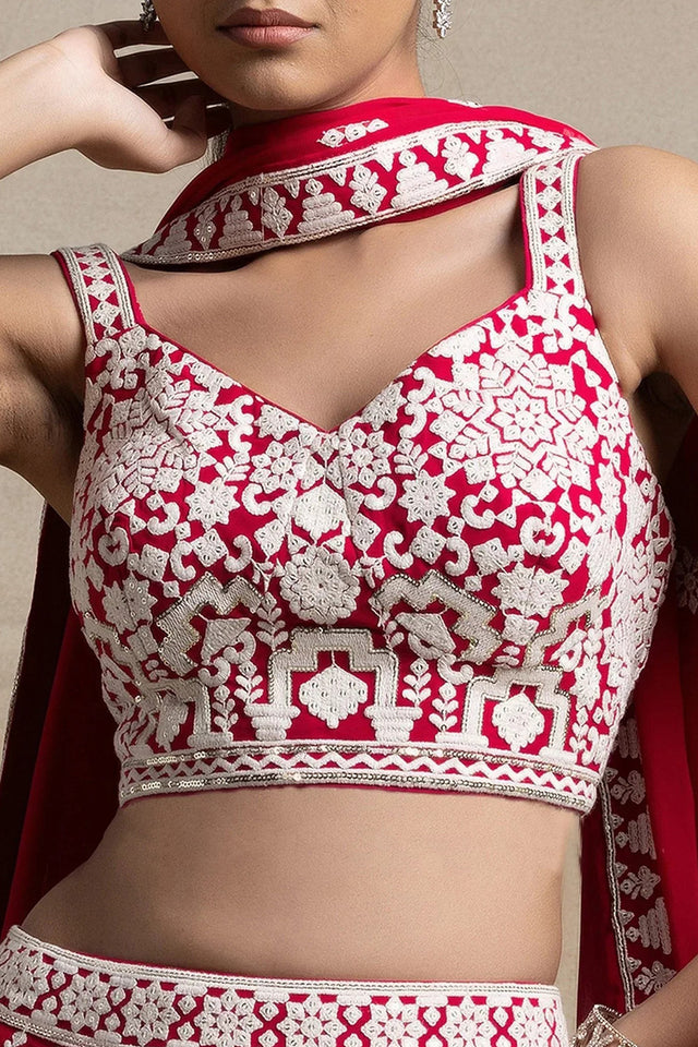 Red Embroidered Georgette Lehenga
