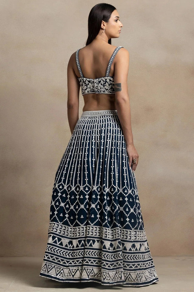 Navy Blue Embroidered Georgette Lehenga