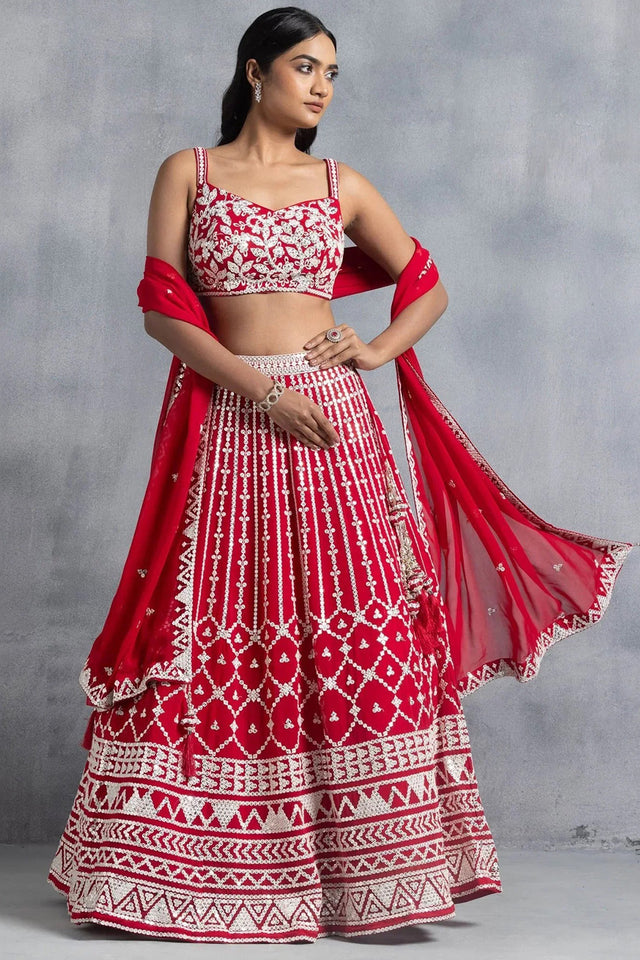 Red Embroidered Georgette Lehenga