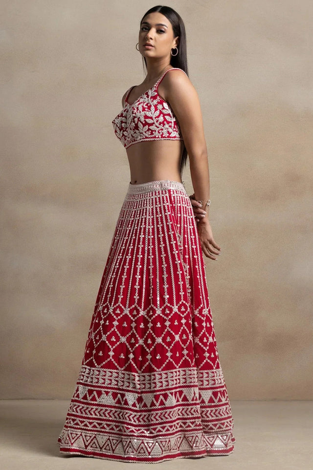 Red Embroidered Georgette Lehenga
