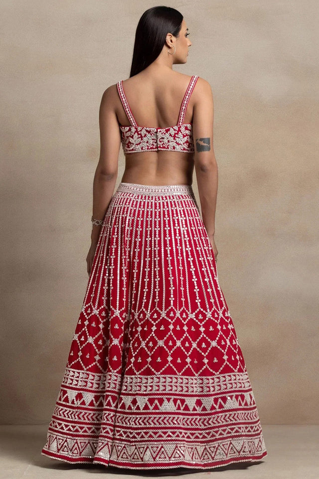 Red Embroidered Georgette Lehenga
