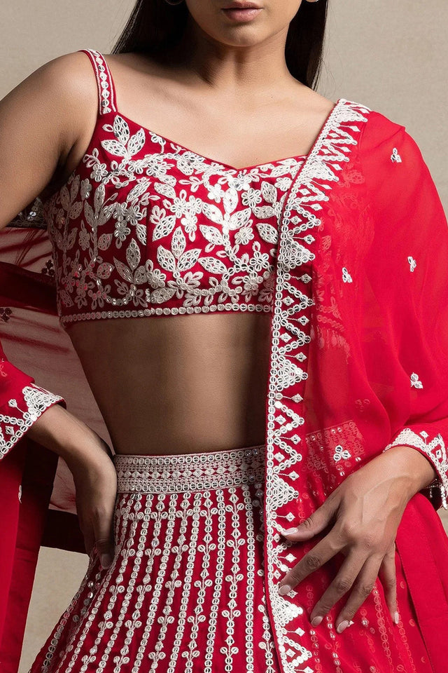 Red Embroidered Georgette Lehenga