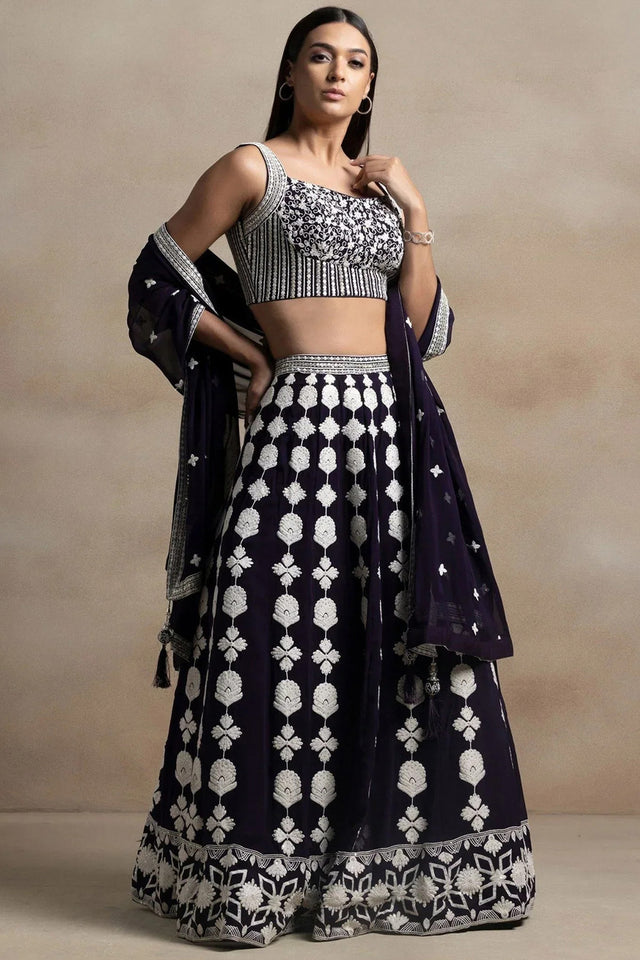 Violet Embroidered Georgette Lehenga