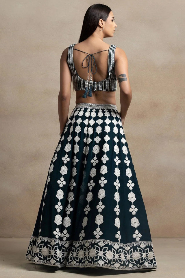 Green Embroidered Net Lehenga