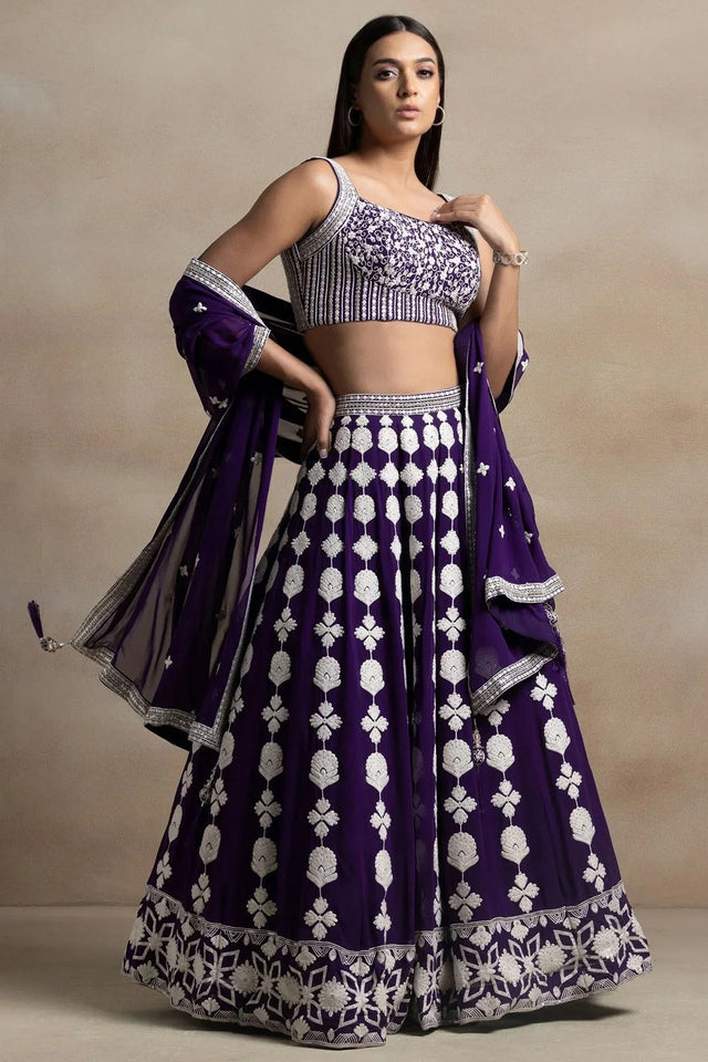 Violet Embroidered Silk Lehenga