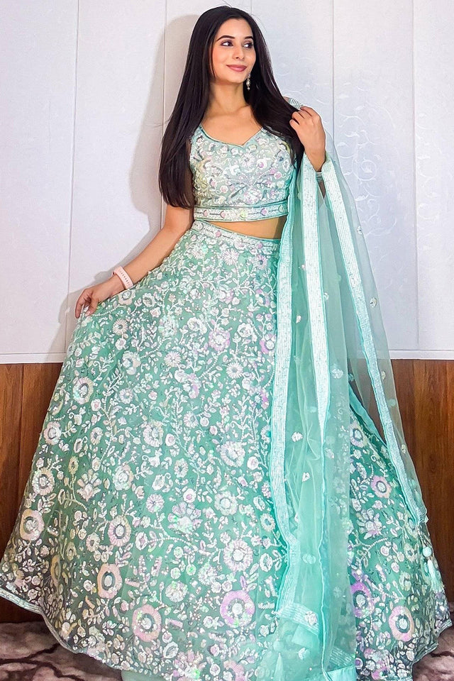 Blue Embroidered Silk Lehenga