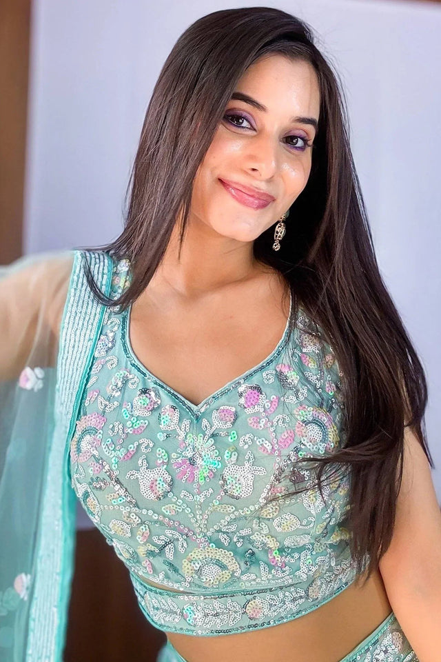 Blue Embroidered Silk Lehenga