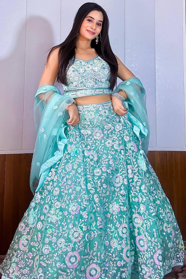 Blue Embroidered Silk Lehenga