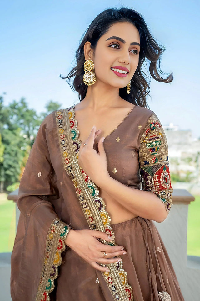 Beige Sequin Silk Lehenga