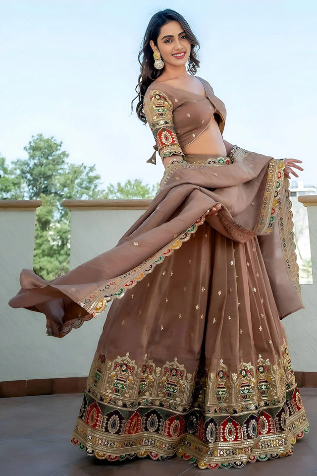 Beige Sequin Silk Lehenga