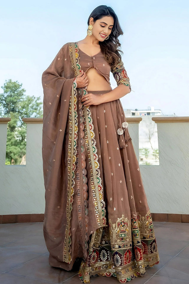 Beige Sequin Silk Lehenga