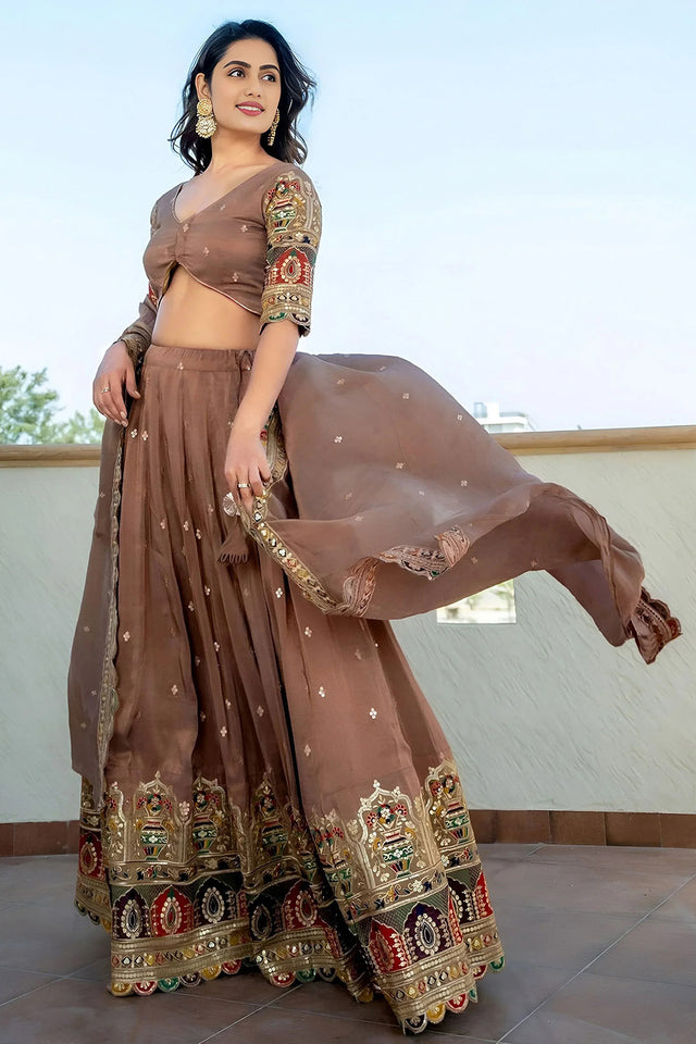 Beige Sequin Silk Lehenga