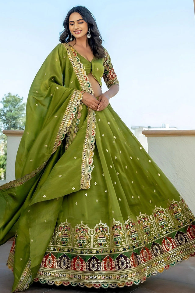 Green Sequin Georgette Lehenga