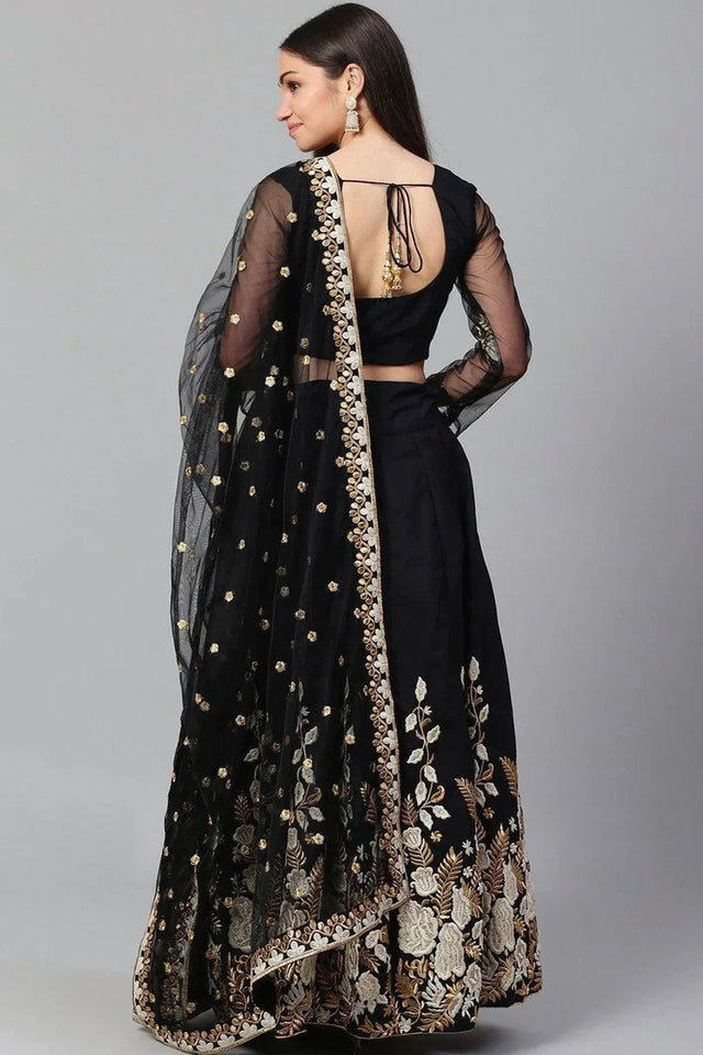 Black Floral Embroidered Georgette Lehenga
