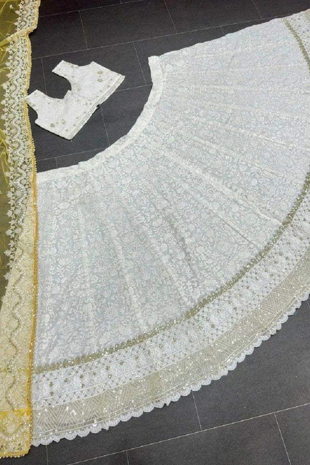 White Floral Embroidered Net Lehenga