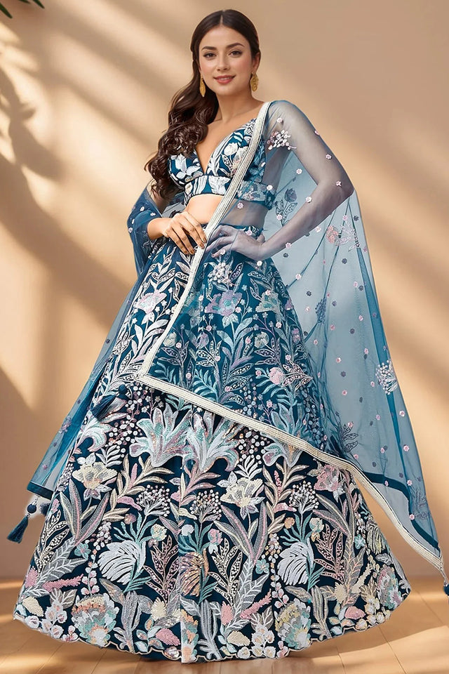 Blue Floral Embroidered Net Lehenga