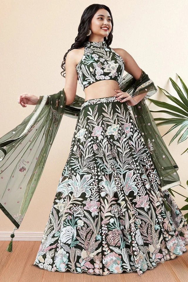Green Floral Embroidered Net Lehenga