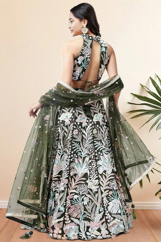 Green Floral Embroidered Net Lehenga
