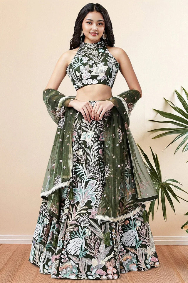 Green Floral Embroidered Net Lehenga