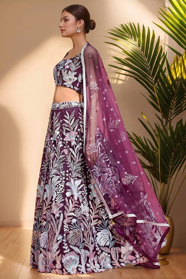 Violet Floral Embroidered Organza Lehenga