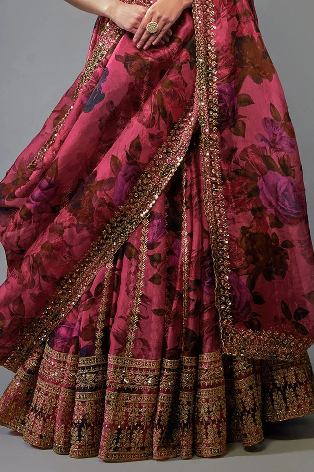 Pink Floral Printed with Embroidered Border Silk Lehenga