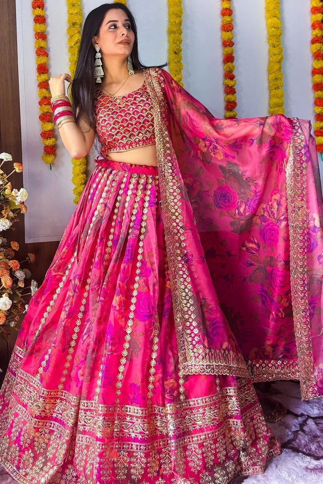 Pink Floral Printed with Embroidered Border Silk Lehenga