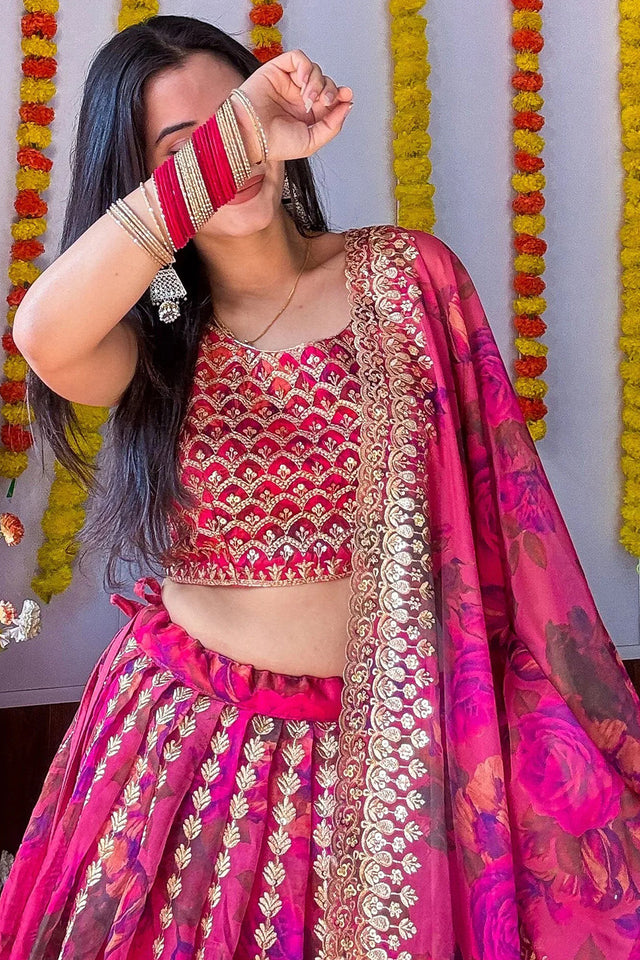 Pink Floral Printed with Embroidered Border Silk Lehenga