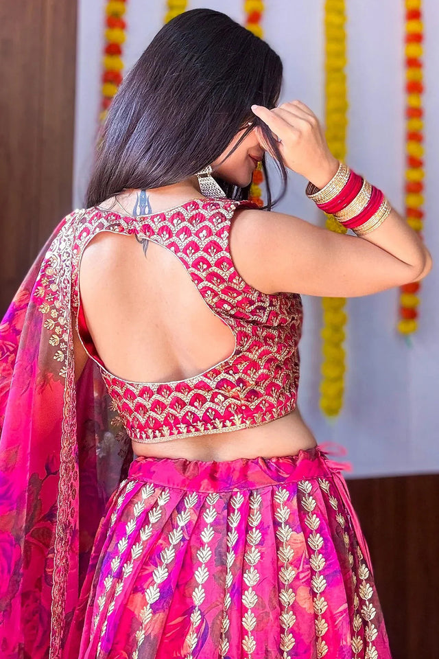 Pink Floral Printed with Embroidered Border Silk Lehenga