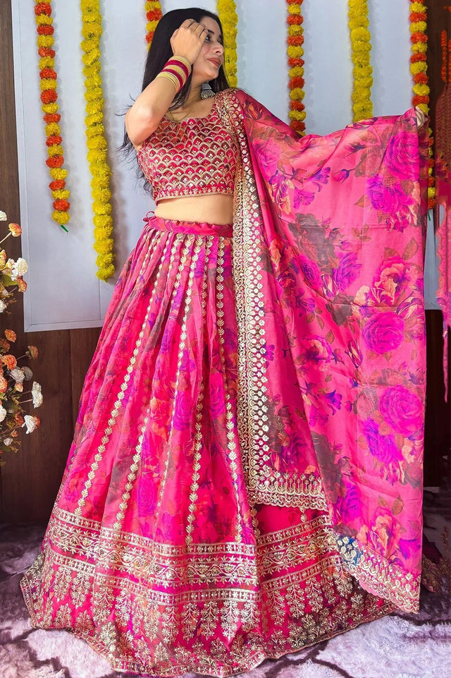 Pink Floral Printed with Embroidered Border Silk Lehenga