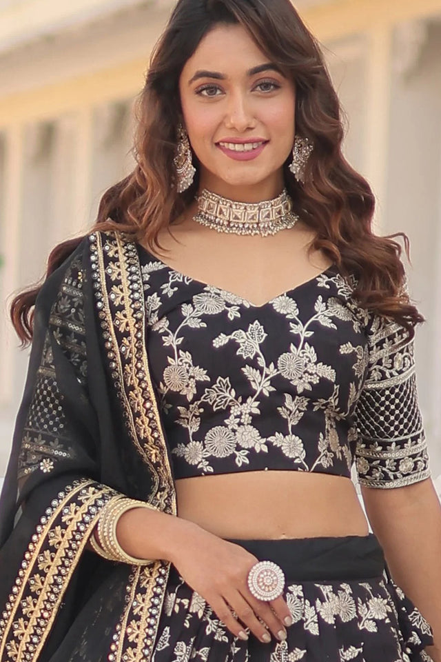 Black Sequin with Embroidered Silk Lehenga