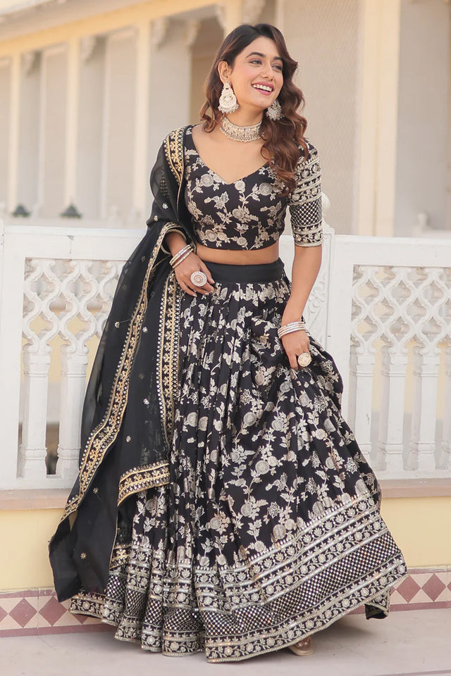 Black Sequin with Embroidered Silk Lehenga