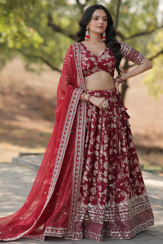 Maroon Sequin with Embroidered Silk Lehenga