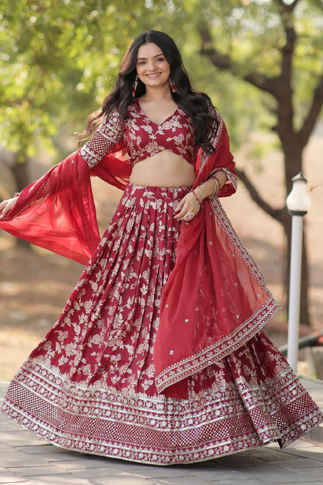 Maroon Sequin with Embroidered Silk Lehenga