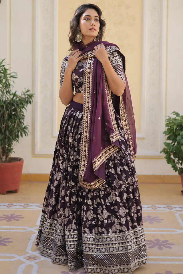 Wine Sequin with Embroidered Georgette Lehenga