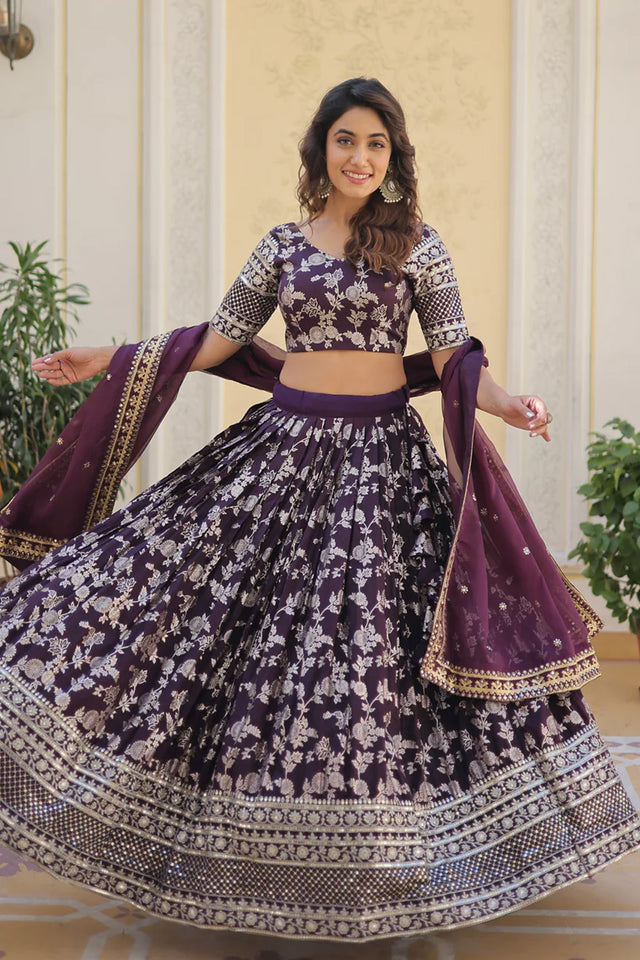 Wine Sequin with Embroidered Georgette Lehenga