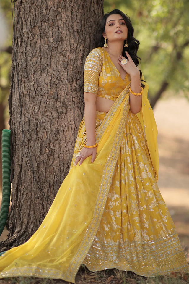 Yellow Sequin with Embroidered Georgette Lehenga
