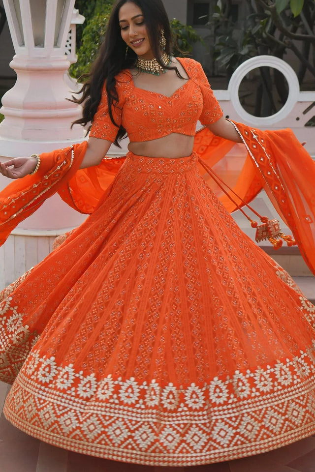 Orange Sequin with Embroidered Georgette Lehenga