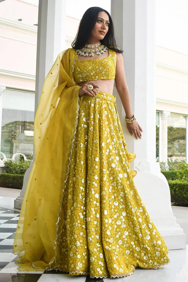 Yellow Embroidered Georgette Lehenga