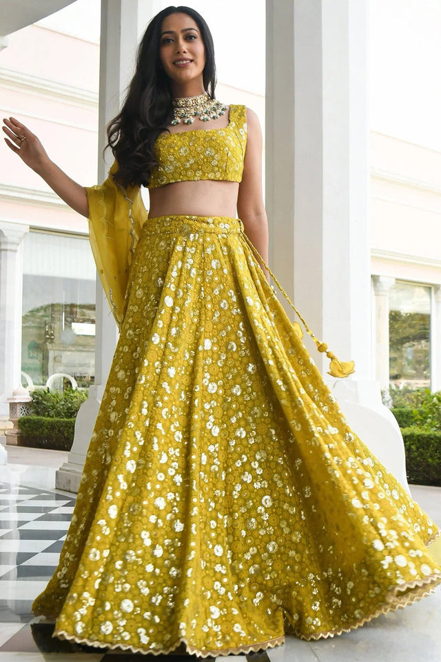 Yellow Embroidered Georgette Lehenga