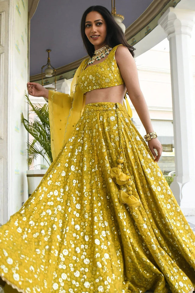 Yellow Embroidered Georgette Lehenga