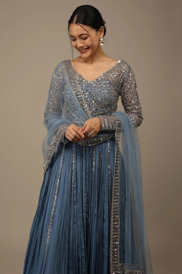 Blue Solid Chinon Lehenga