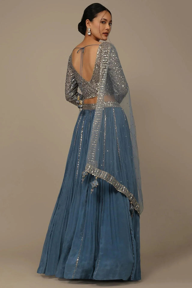 Blue Solid Chinon Lehenga