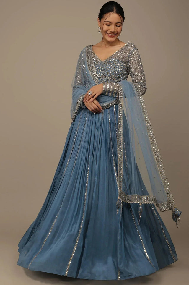 Blue Solid Chinon Lehenga