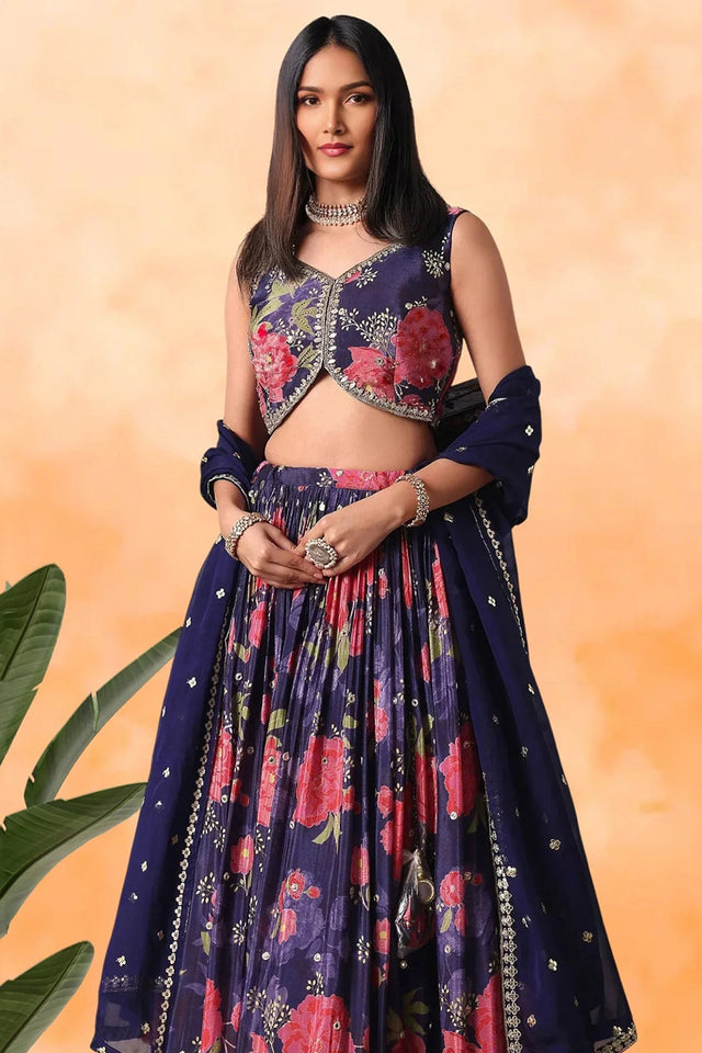Violet Floral Printed Silk Lehenga
