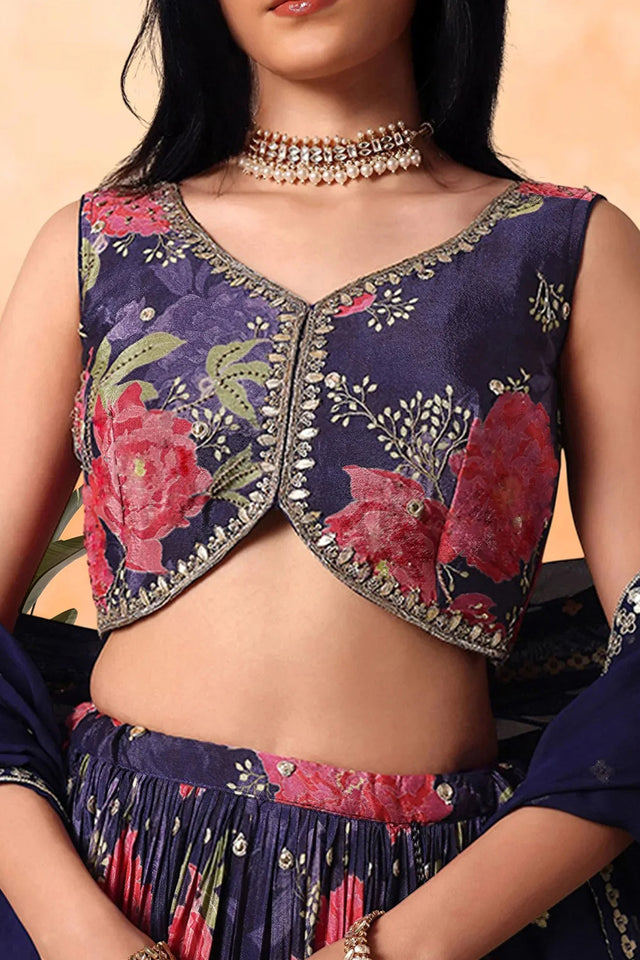 Violet Floral Printed Silk Lehenga