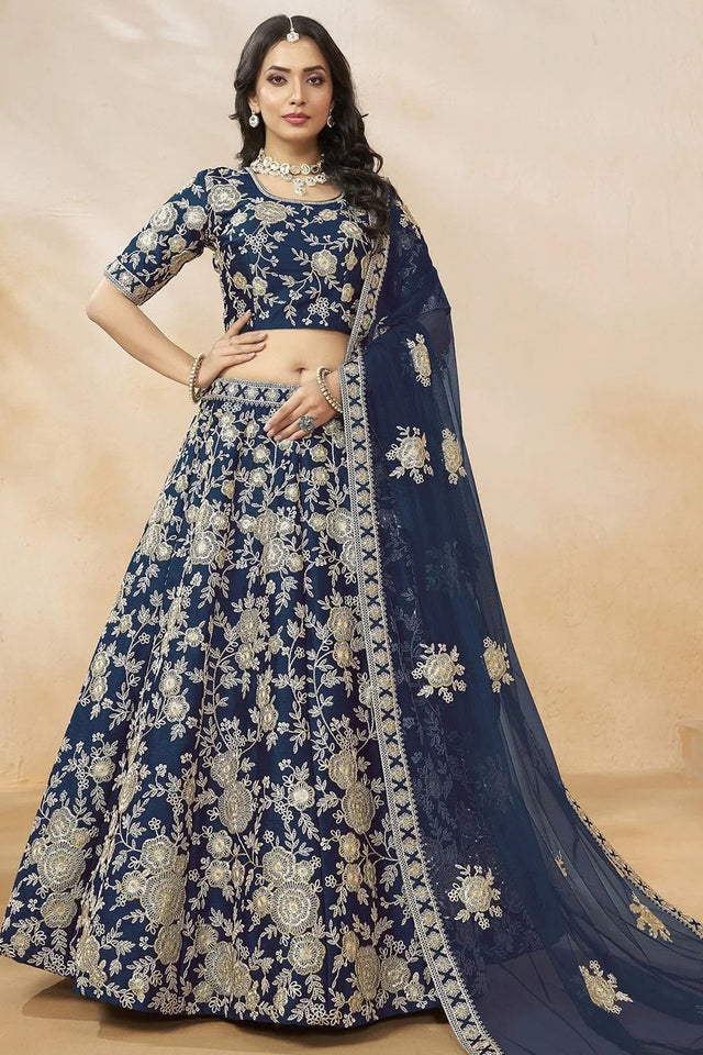 Navy Blue Sequin with Floral Embroidered Silk Lehenga