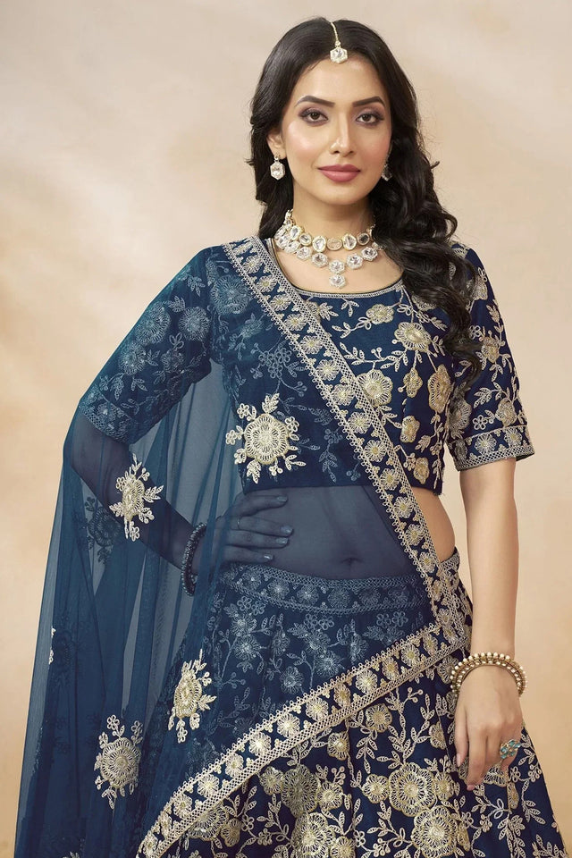 Navy Blue Sequin with Floral Embroidered Silk Lehenga