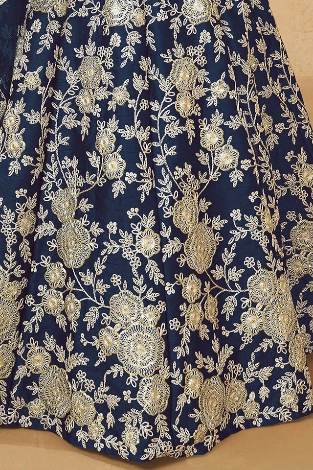 Navy Blue Sequin with Floral Embroidered Silk Lehenga