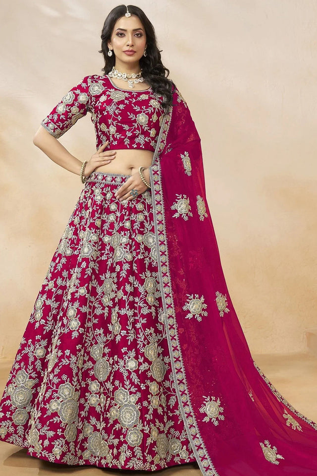 Pink Sequin with Floral Embroidered Silk Lehenga
